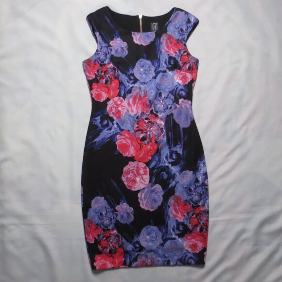JAX womens DRESS hourglass FLORAL purple BLACK pink STRETCH sleeveless SIZE 8 - Picture 1 of 14